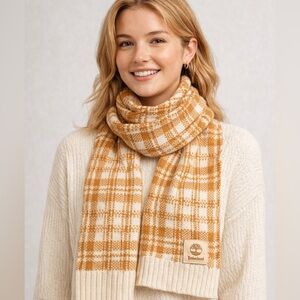 Timberland Plaid Knit Winter Scarf 🤎 Tan & Cream | 60” Logo Patch